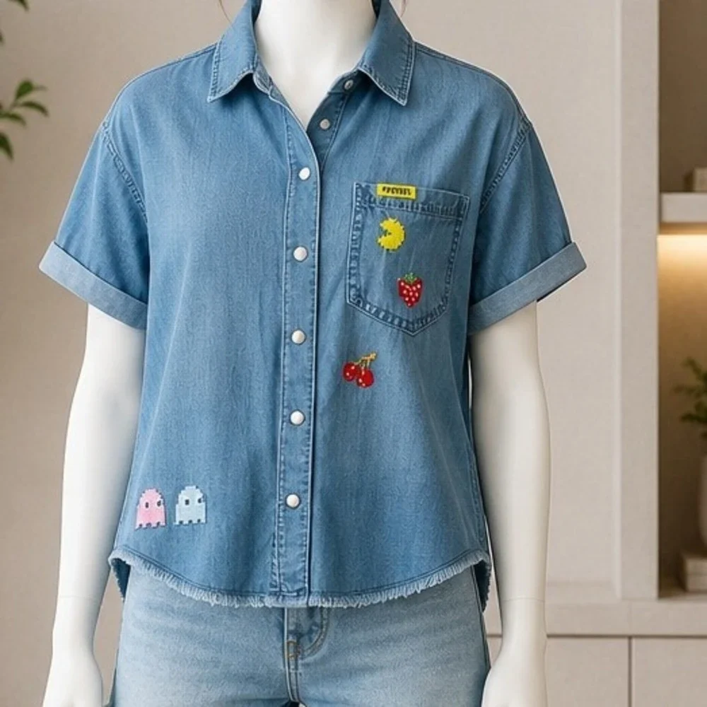 Justice Girls Denim Shirt Pac-Man Embroidery Raw Hem Blue S 7/8